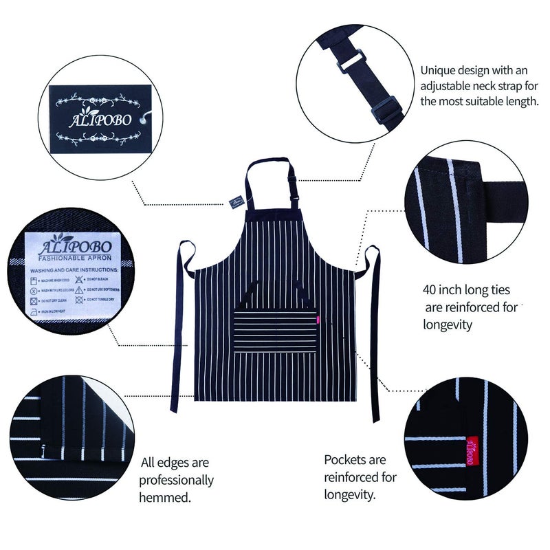 ALIPOBO Kitchen Cooking Apron for Women and Men, Adjustable Chef Bib Apron with Pockets - 32" x 28" - Black/White Pinstripe- 1 Pcs - Image 4